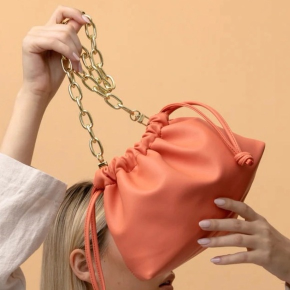 New Jules Kae Brea Bag Gold Chain Vegan Leather Draw String Small Bag Orange - Picture 4 of 4